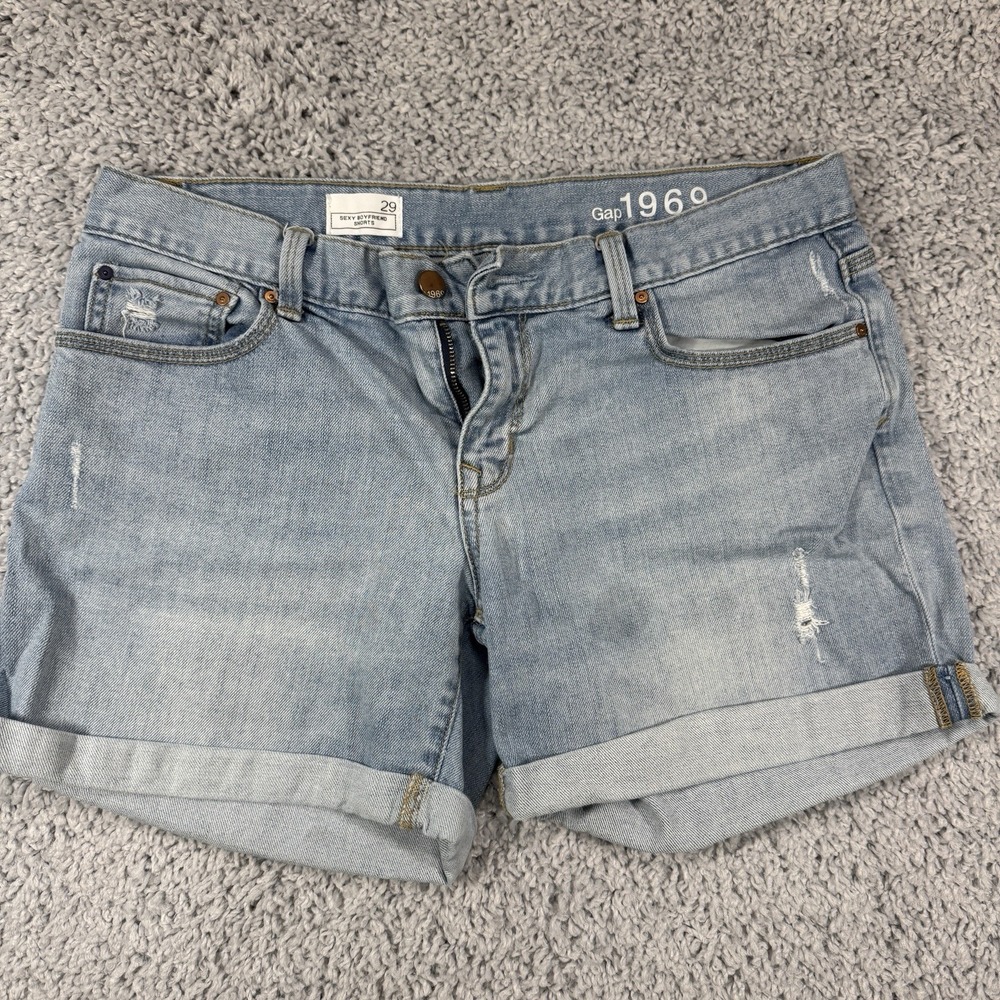 Gap 1969 Women's Denim Boyfriend Shorts Size 29 Blue Cuffed Distressed